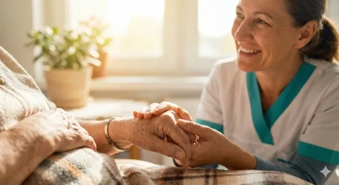 Pflegerin hält die Hand einer Seniorin — liebevolle ambulante Pflege
